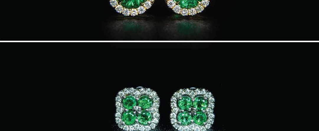 Round-Cut Emerald Cluster Stud Aretes with Diamond Halo in White Gold