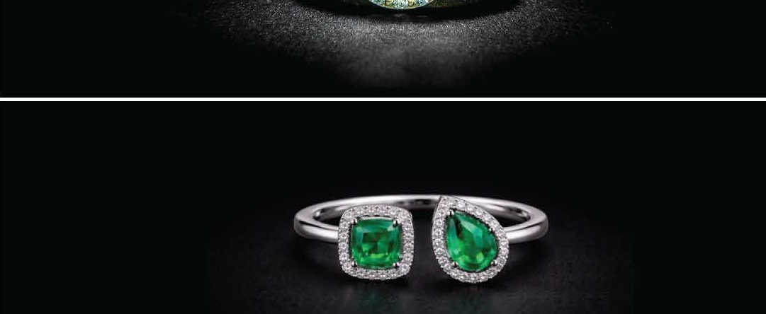 Toi et Moi Cabochon Emerald Ring with Square and Pear-Shaped Emeralds, Diamond Halo in White Gold