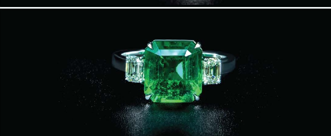 Square-Cut Emerald Three-Stone Ring with Step-Cut Side Diamonds in White Gold