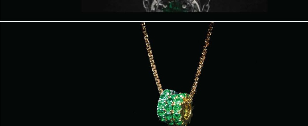 Tri-Tone Gold Triple Circle Dije with Pavé Set Emeralds on Oro Amarillo Chain