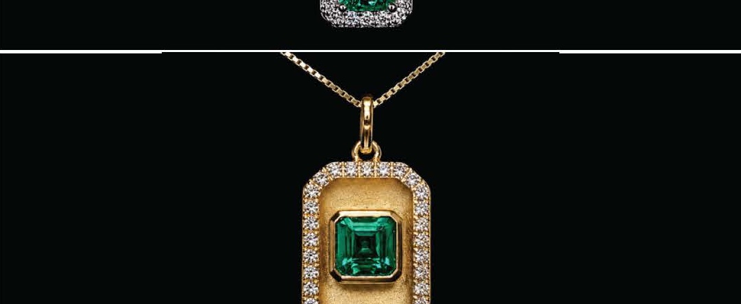 Emerald Cut Emerald Bezel Halo Diamond Pendant Necklace in Yellow Gold