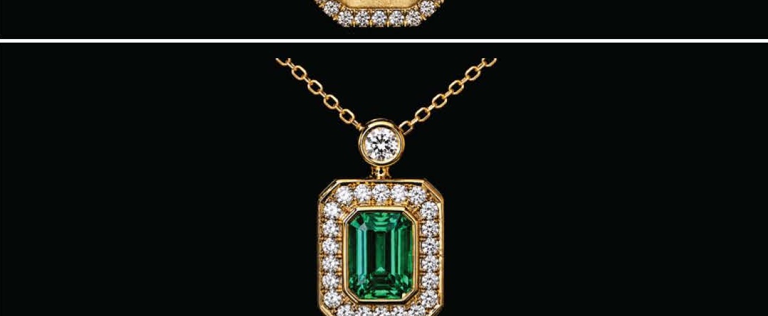 Emerald Cut Emerald Pendant with Pavé Diamond Halo and Bezel Set Accent in Yellow Gold