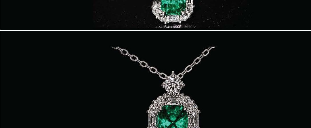 Corte Redondo Emerald Dije with Prong Set Center, Baguette and Round Diamond Halo and Pavé Cluster Bail in Oro Blanco